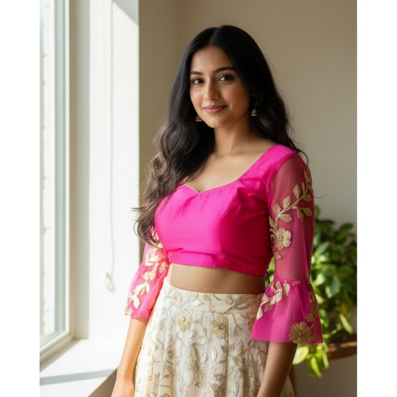 Pink Coconut Boutique Tops - Vibhaa Blouse Womens Pink Gold‎ Zari Embroidered Sheer Flared Sleeves Scoop Neck